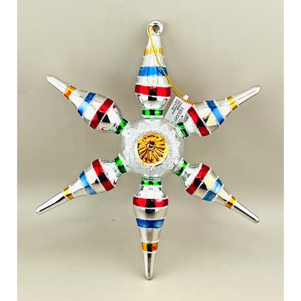 Macy's Holiday Lane 8" Star Glass Christmas Ornament MCM Vintage Inspired Silver